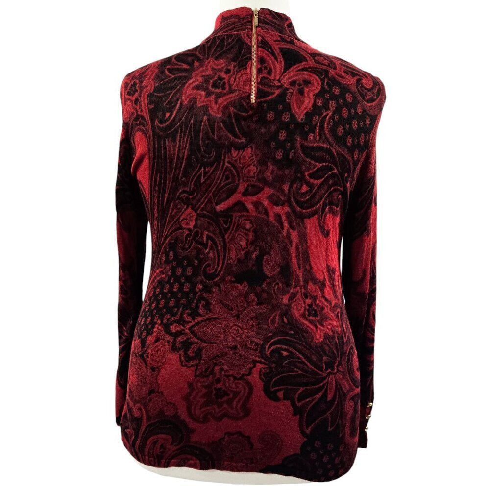 Chico's Red Black Floral Paisley Mock Neck Back Zip Lightweight Sweater Boho - Picture 2 of 9